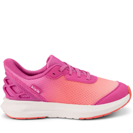 Pink and orange sneaker with white sole on a white background