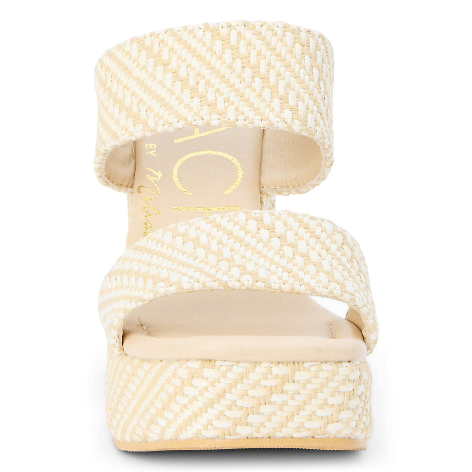 Beige woven sandal with a strap on a white background