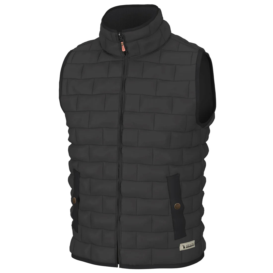 Black quilted vest on a white background