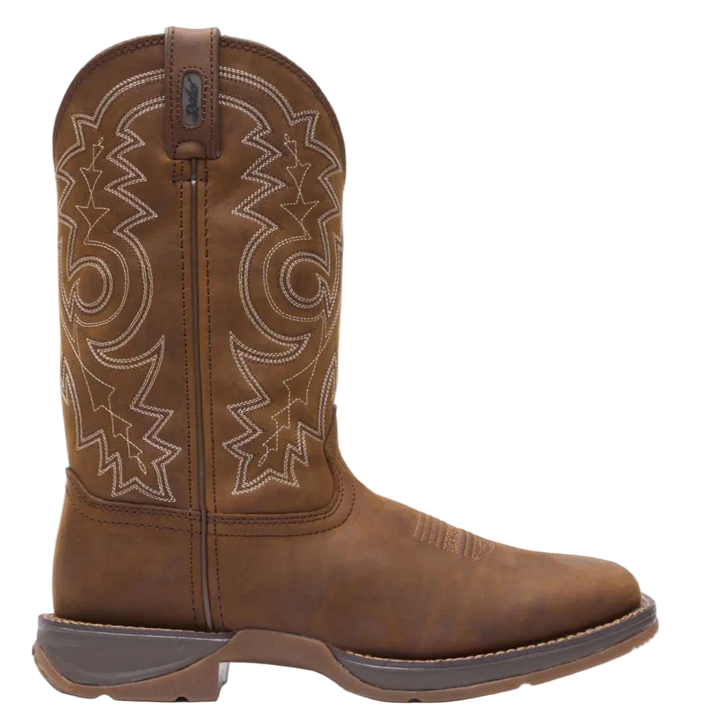 Brown cowboy boot with intricate design on a white background
