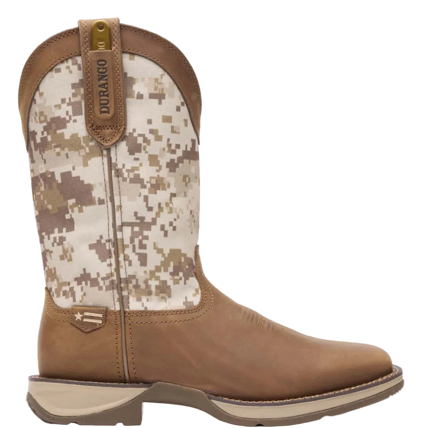 Camouflage-patterned cowboy boot with Durango branding on a white background