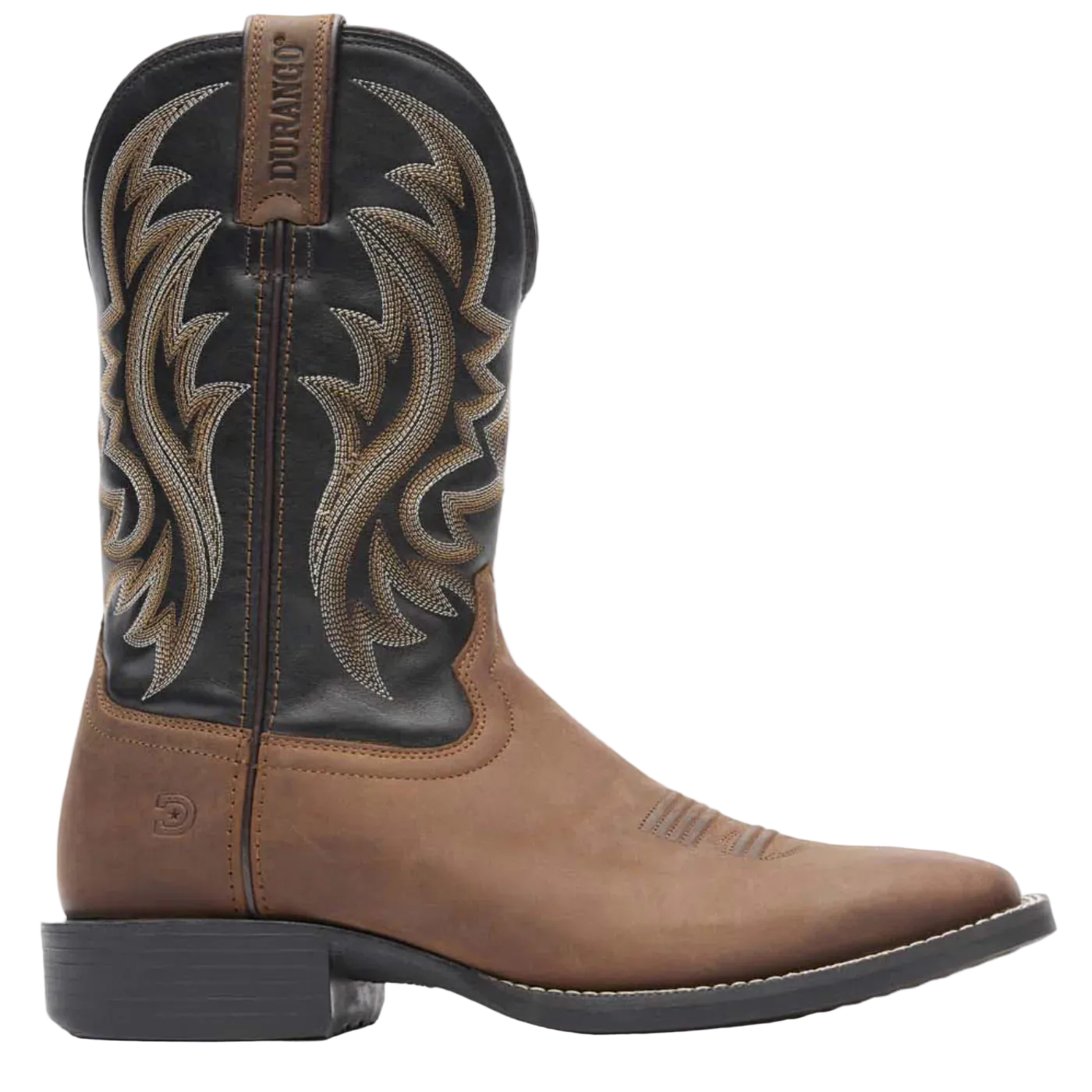 Brown cowboy boot with intricate stitching on a white background
