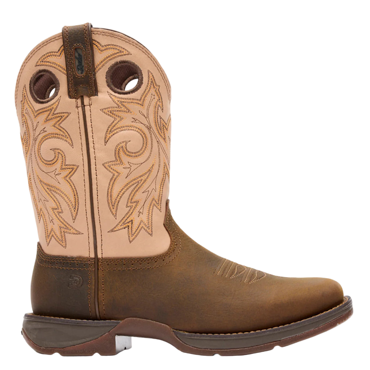 Brown cowboy boot with intricate stitching on a white background