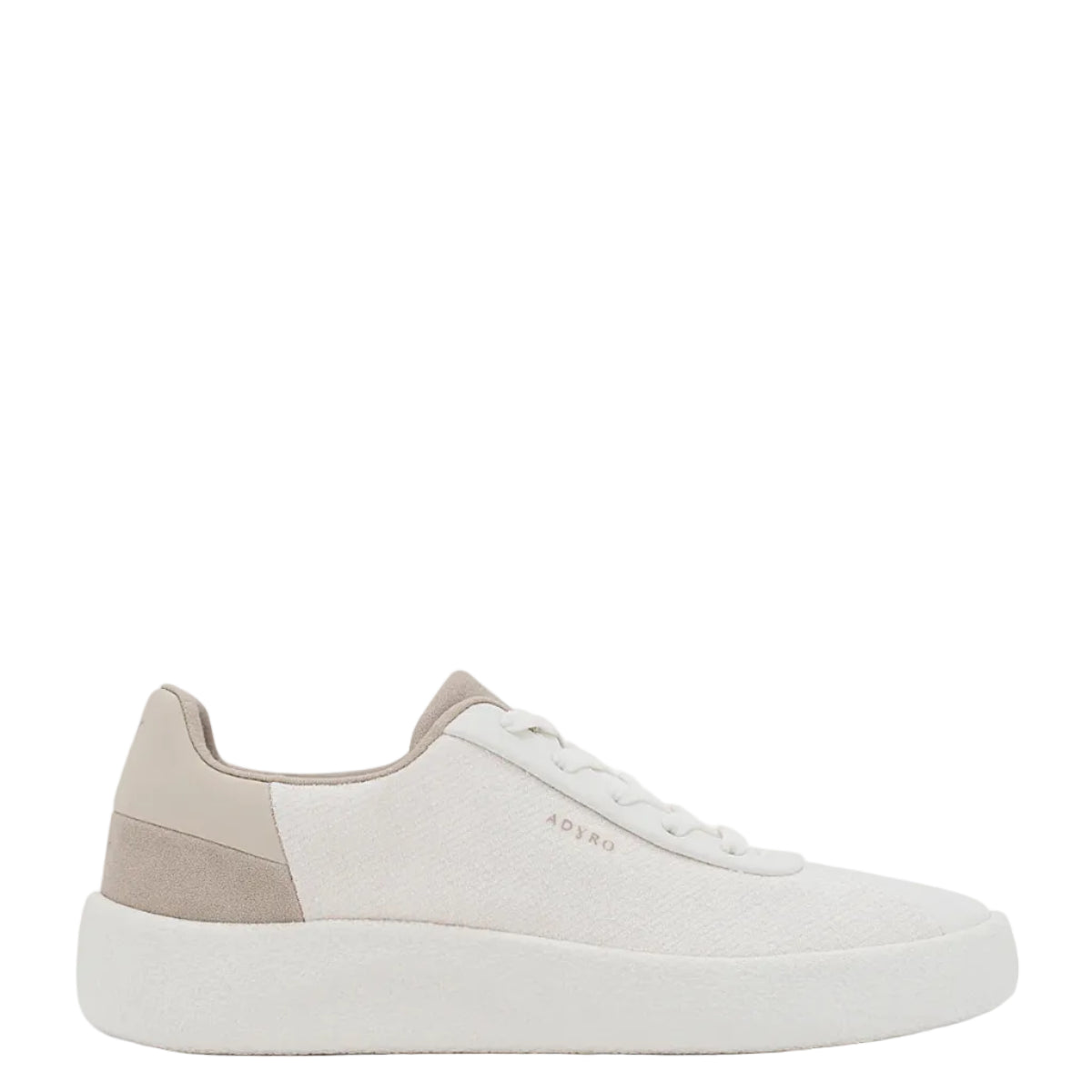 White sneaker with a beige accent on a white background