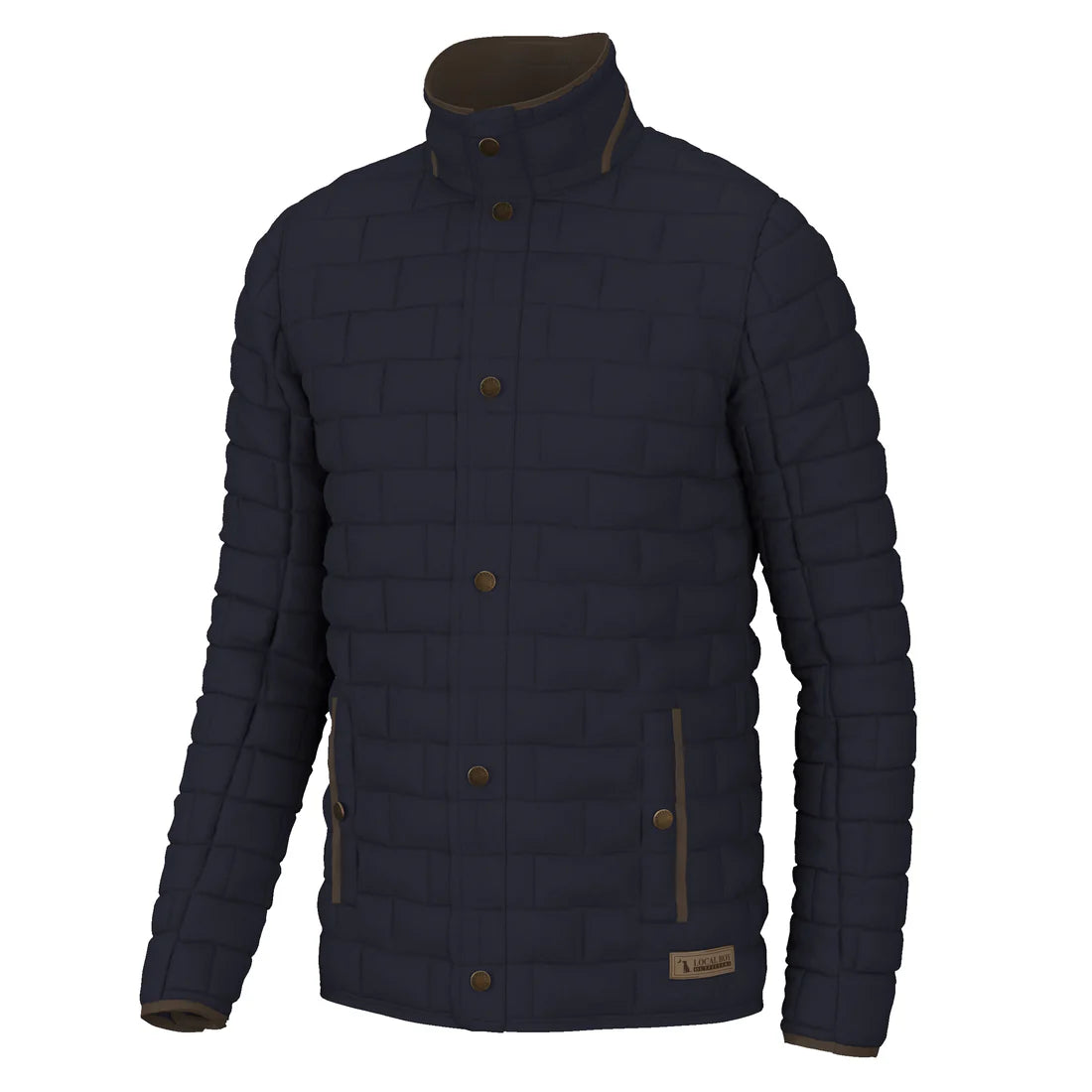 Navy blue quilted jacket with brown buttons on a white background