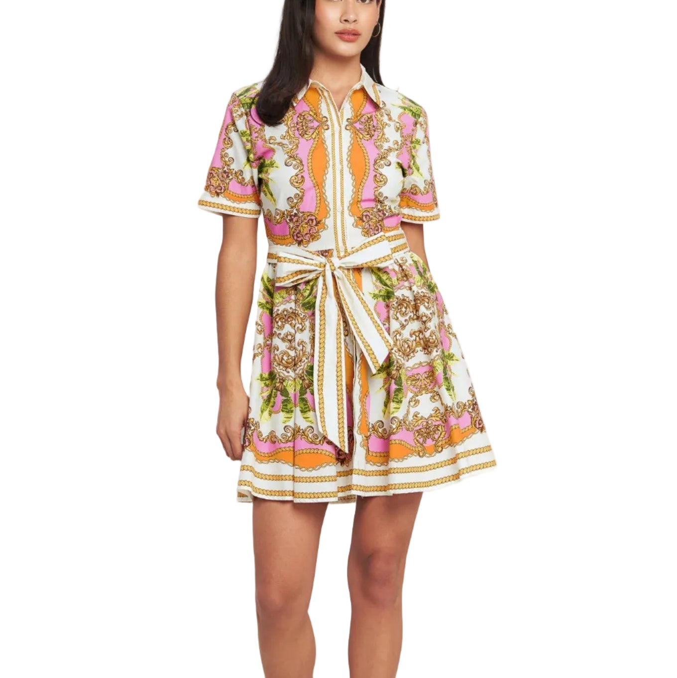 Woman wearing a colorful floral dress on a white background