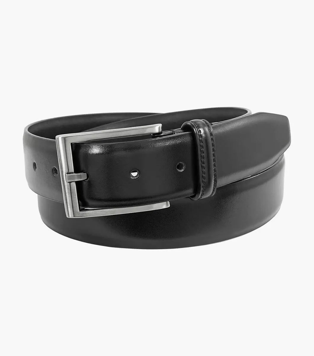Black leather belt with silver buckle on a white background