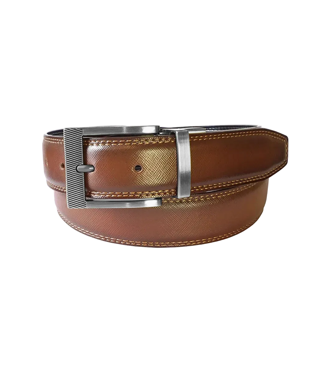 Brown leather belt with a silver buckle on a white background