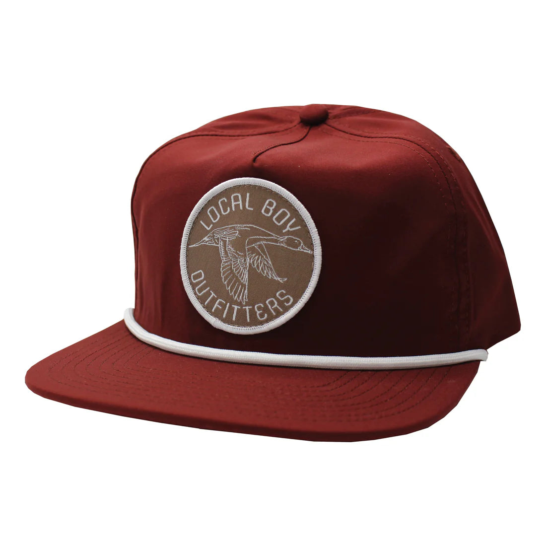Red cap with a logo and text on a white background