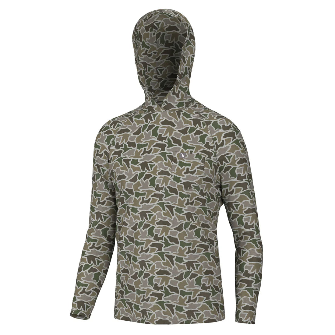 Camouflage-patterned hoodie on a white background