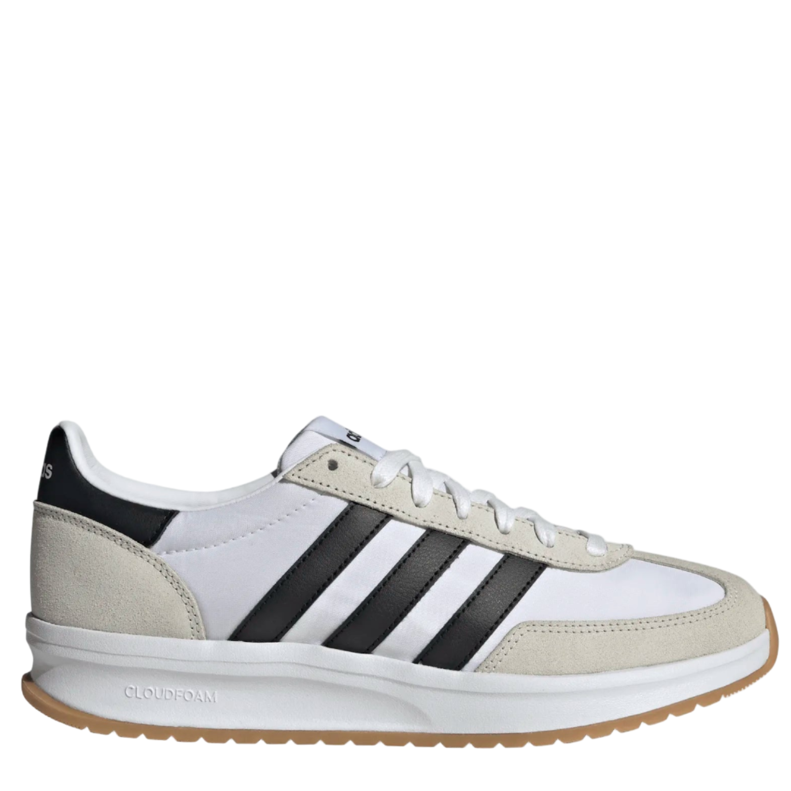 White sneaker with black stripes on a light gray background