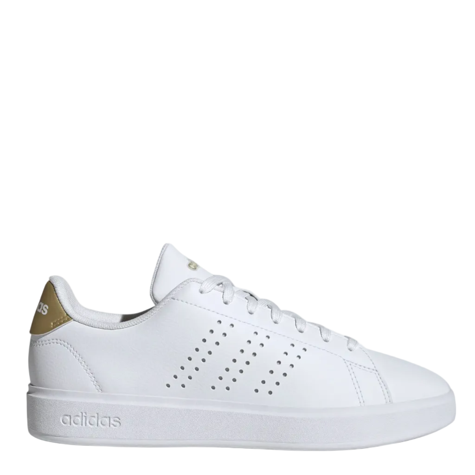 White Adidas sneaker on a light gray background