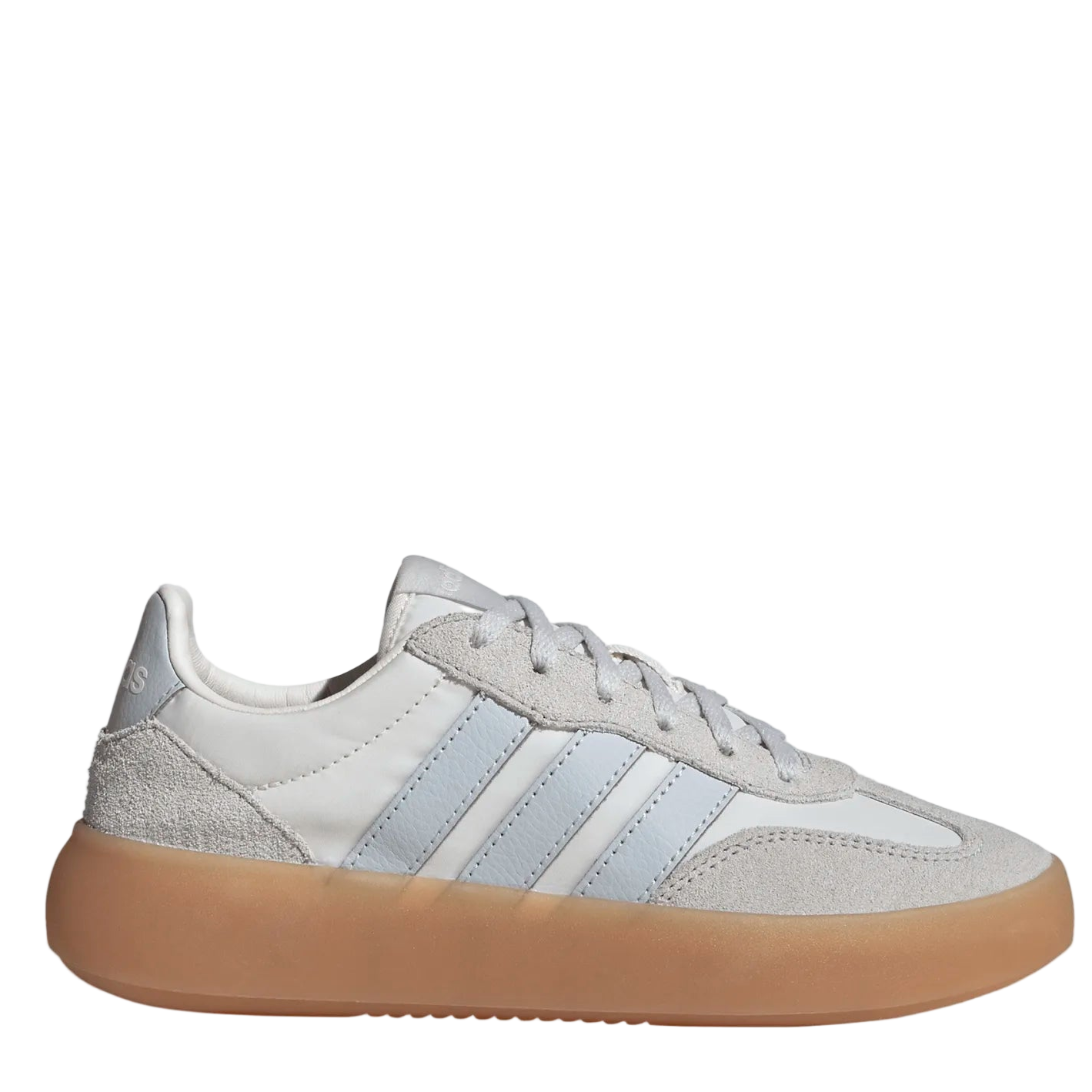 White sneaker with three stripes on a white background