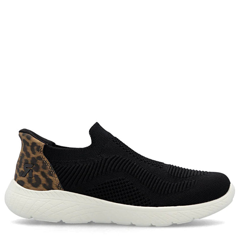 Black slip-on sneaker with leopard print heel tab on a white background