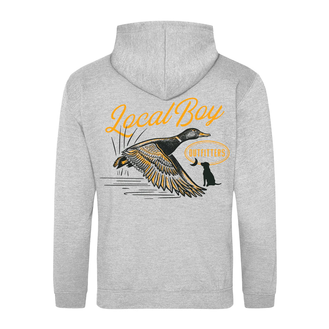 Gray hoodie with duck and dog graphic and 'Local Boy Outfitters' text on the back.