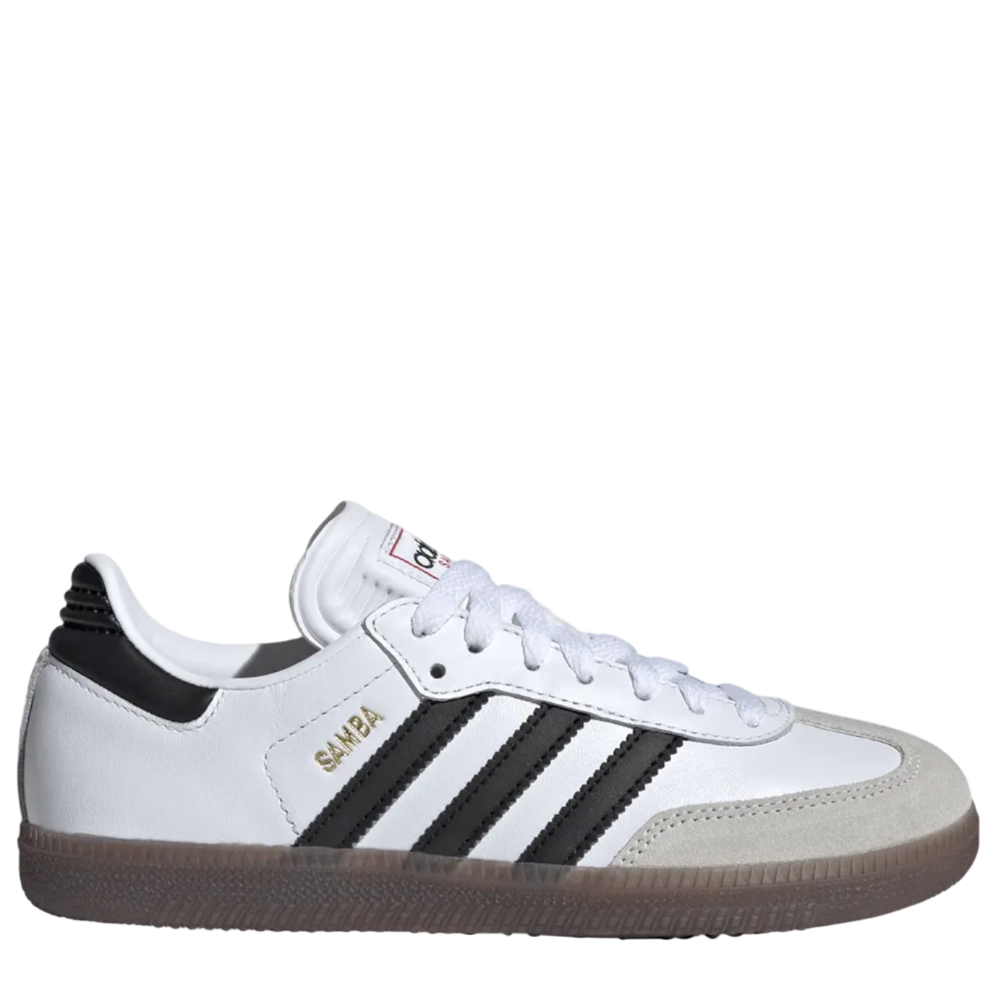 White Adidas sneaker with black stripes on a white background