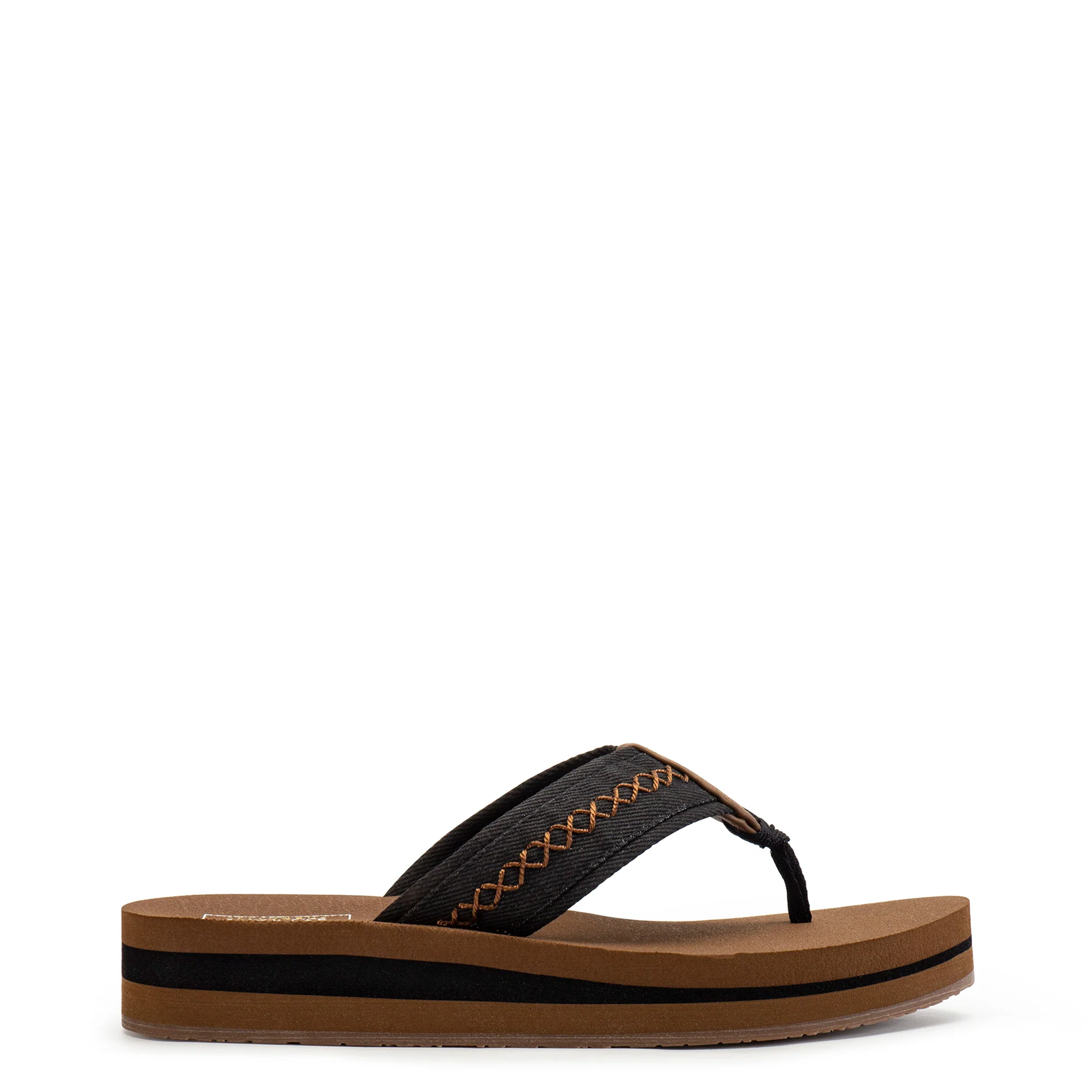 Black sandal with brown sole on a white background