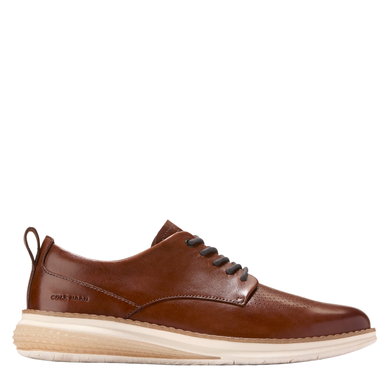 Brown leather shoe with visible brand logo on a white background