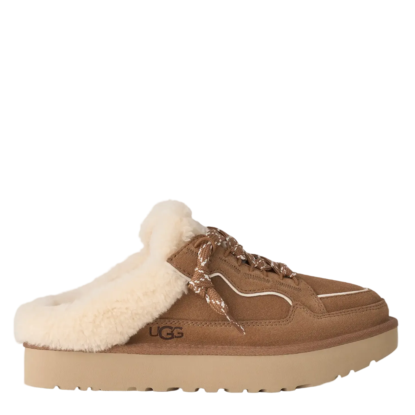 A single brown UGG slip-on mule sneaker with a thick beige sole and fluffy cream shearling lining, shown against a light gray background.
