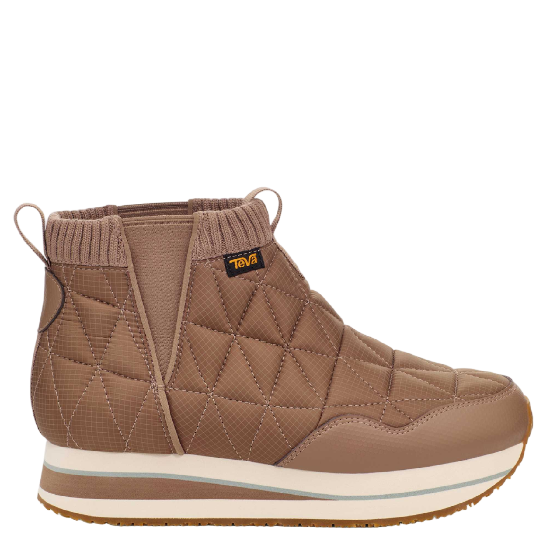Brown quilted sneaker with a brand logo on a white background