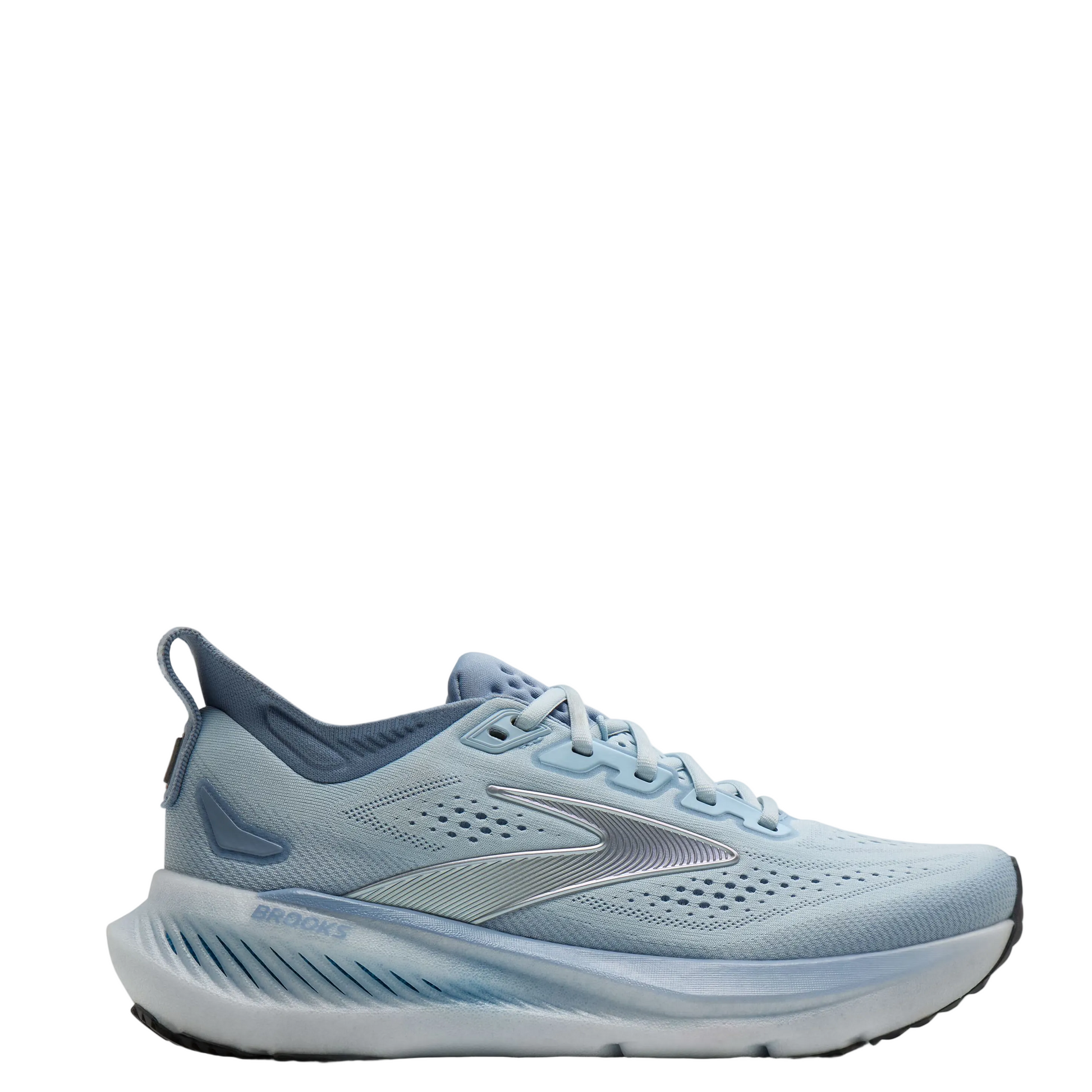 A light blue and white Brooks running shoe shown in a side profile on a clean white background.