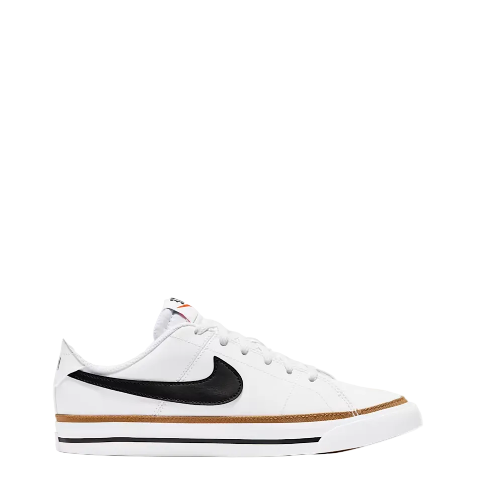 A white Nike low-top sneaker with a black Swoosh, white laces, and a brown gum outsole, shown from the side on a light gray background.