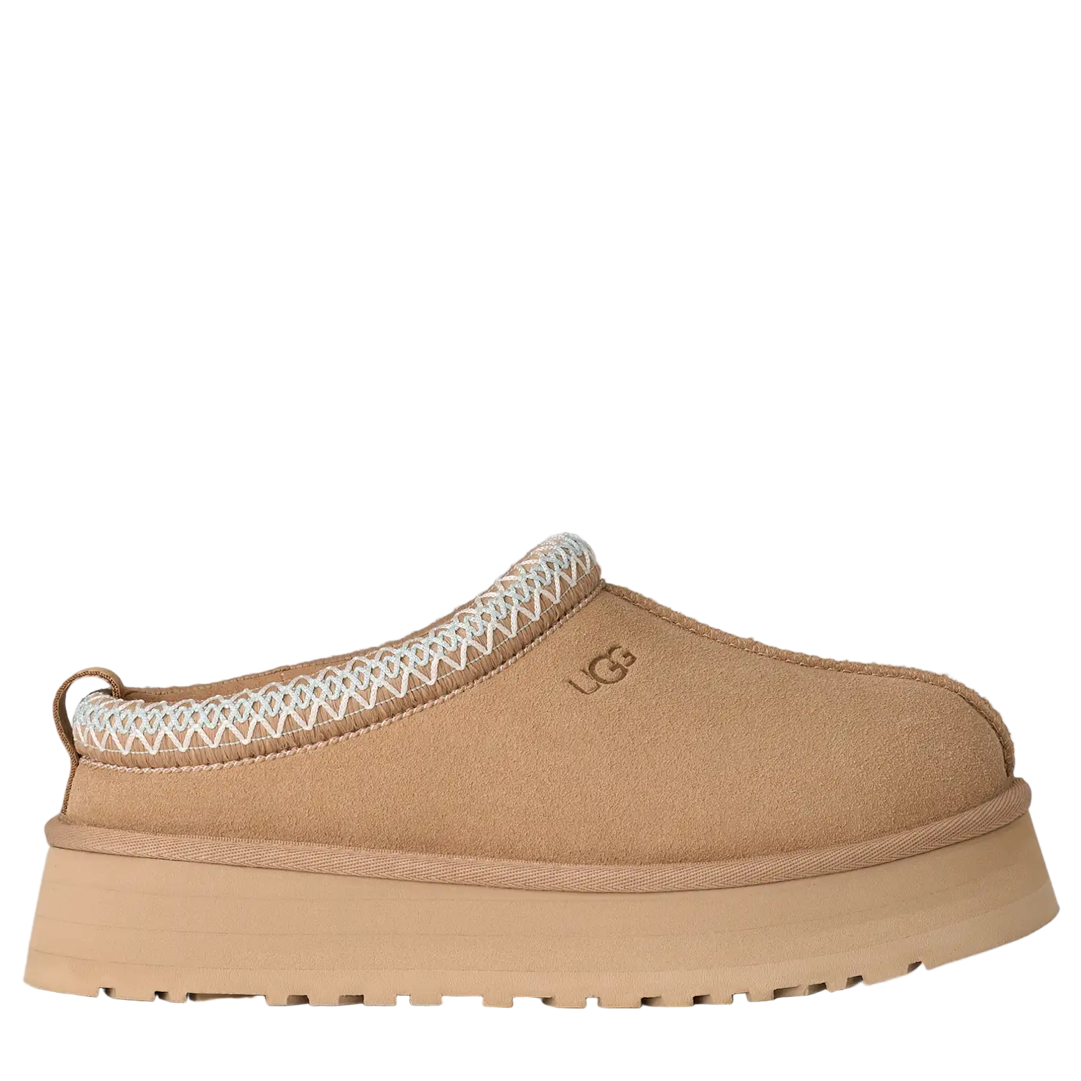 Tan UGG slipper with white interior on a light gray background
