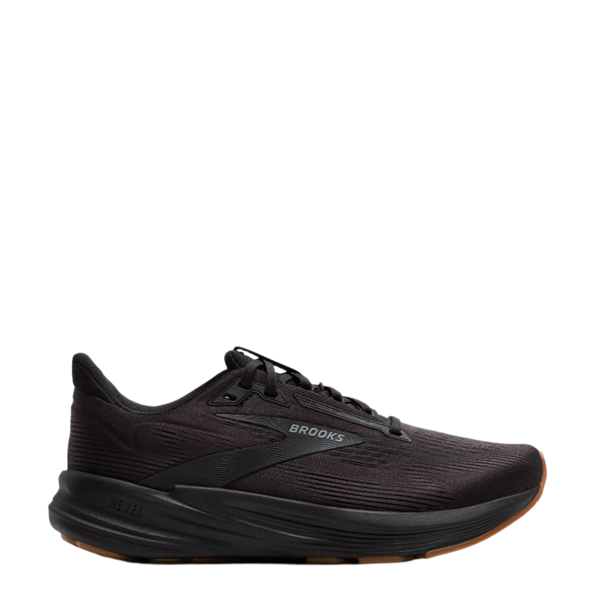 Black running shoe with 'Brooks' branding on a white background