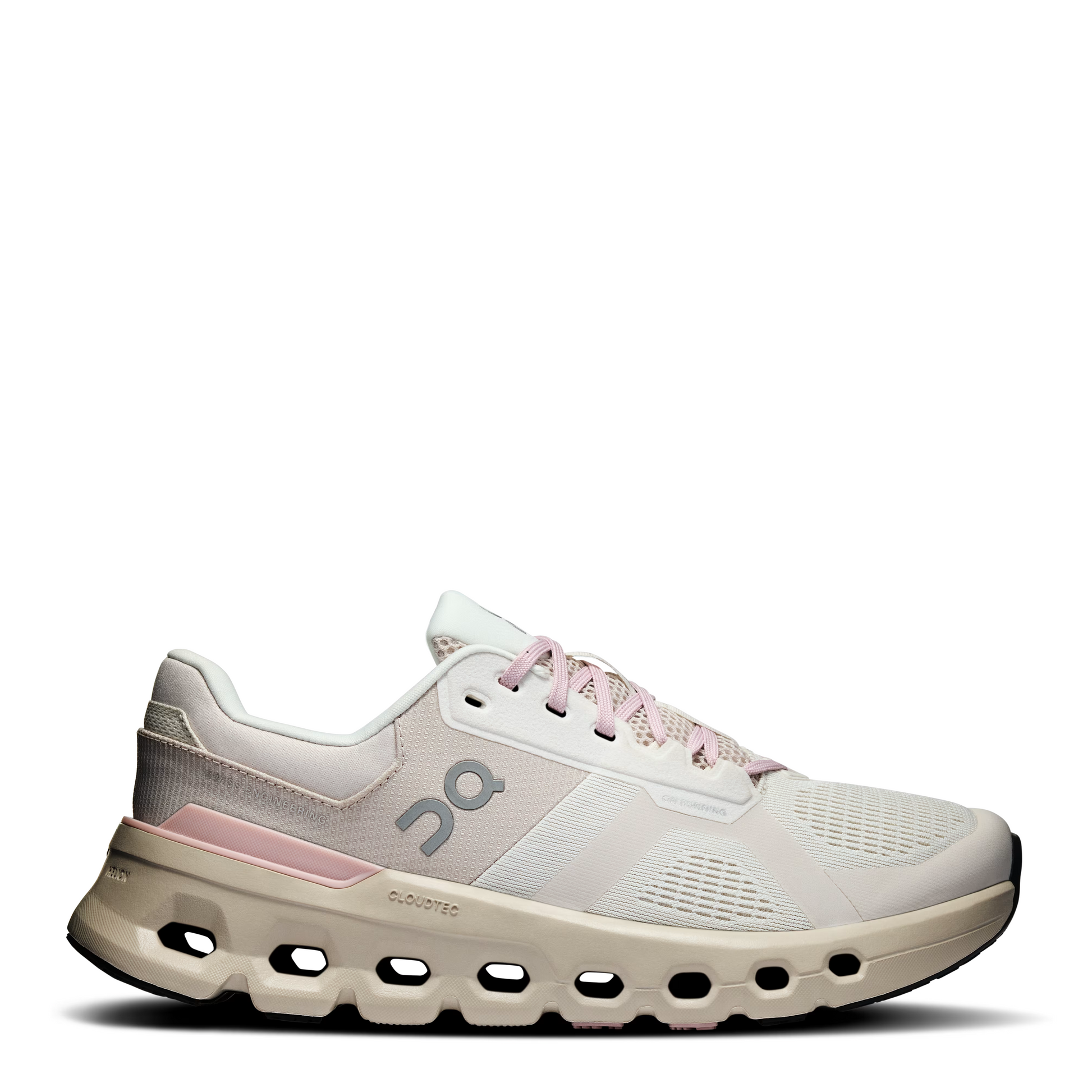 White and pink running shoe on a white background