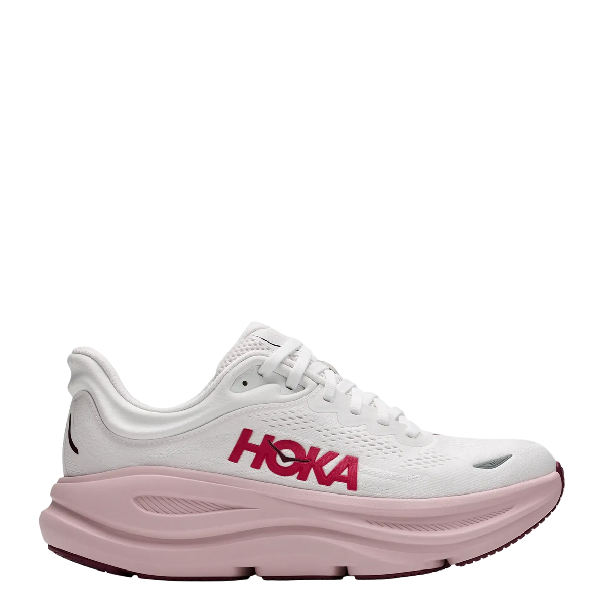 A white HOKA running shoe with a thick, cushioned light pink sole and a bold red HOKA logo on the side, shown against a plain white background.