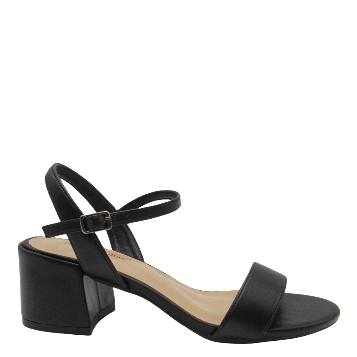 Black sandal with a block heel on a white background