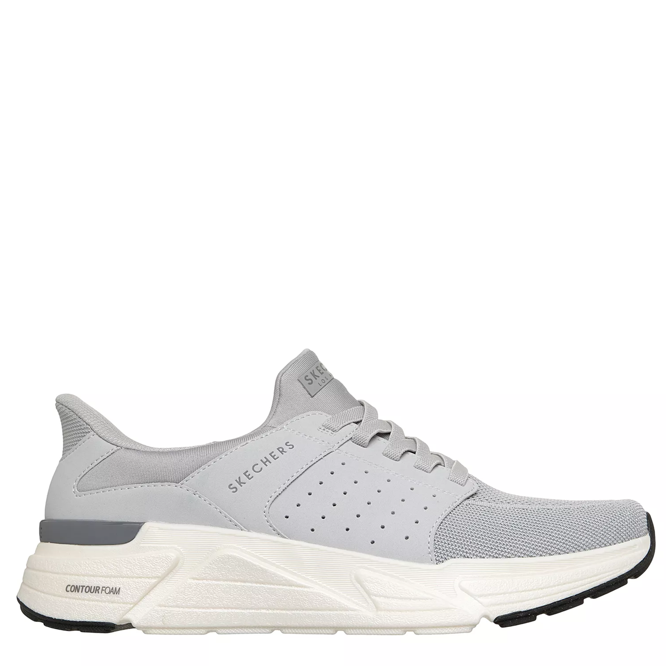 Gray sneaker with 'Skechers' branding on a white background