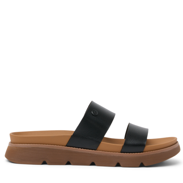 Black sandal with brown sole on a white background
