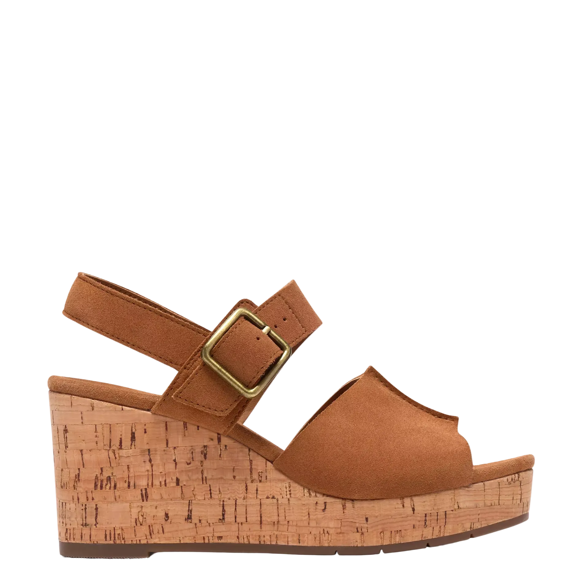 Brown wedge sandal with cork texture and gold buckle on a white background