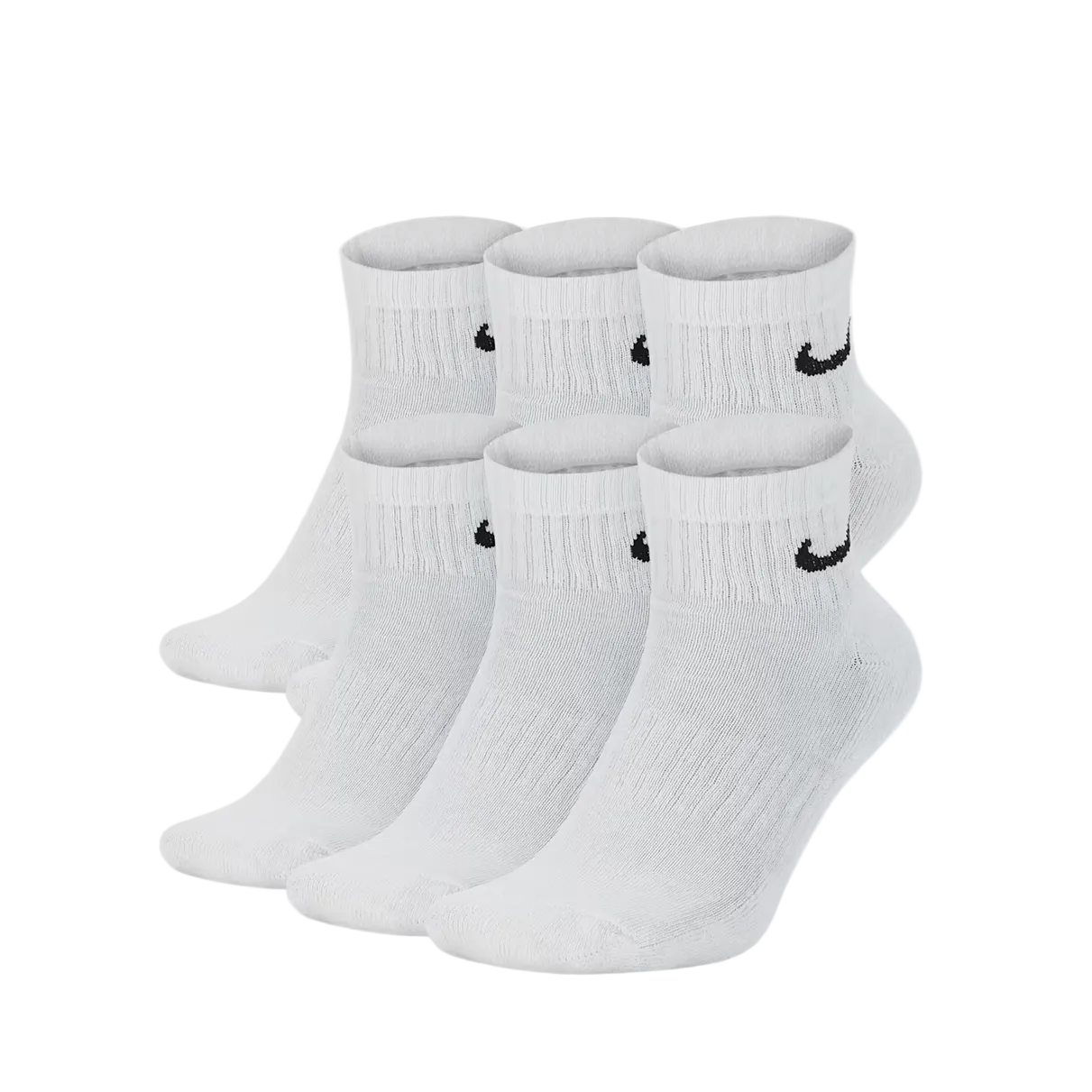Six pairs of white low-cut athletic socks arranged in two rows, with a small black Nike swoosh logo on the cuff, set against a light gray studio background.