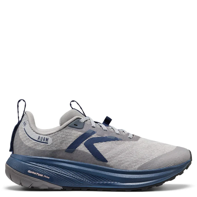 Gray and blue running shoe with K-Logo on a white background