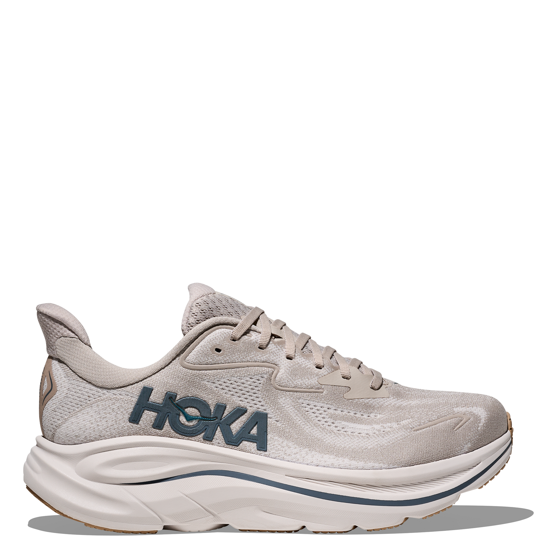 Gray running shoe with 'Hoka' branding on a white background
