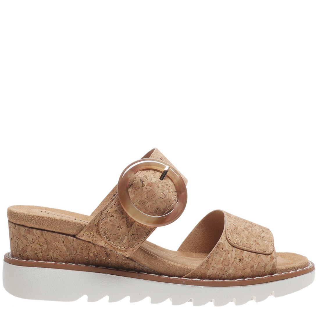 Brown cork sandal with a white sole on a white background