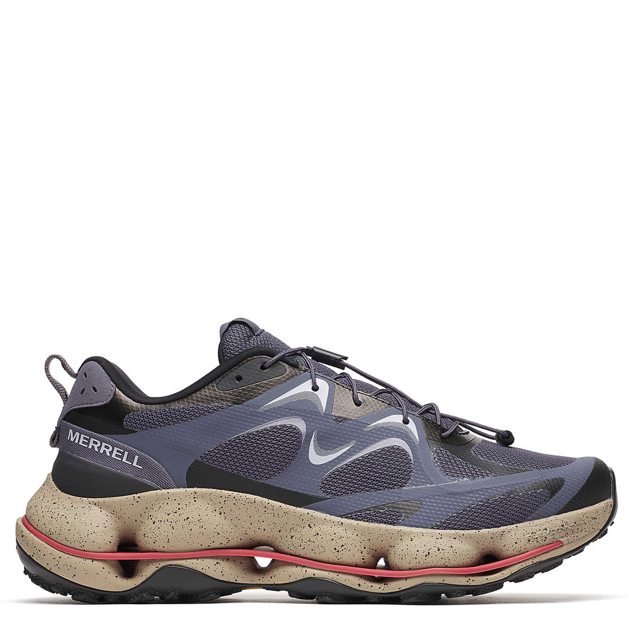 Gray and beige athletic shoe with red accents on a white background