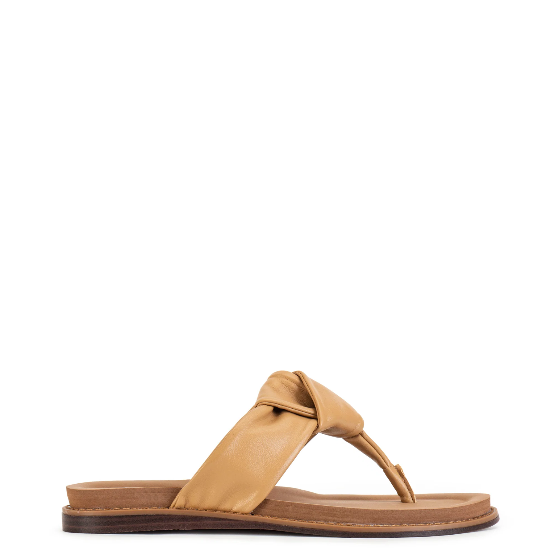 Tan sandal with a knot design on a white background