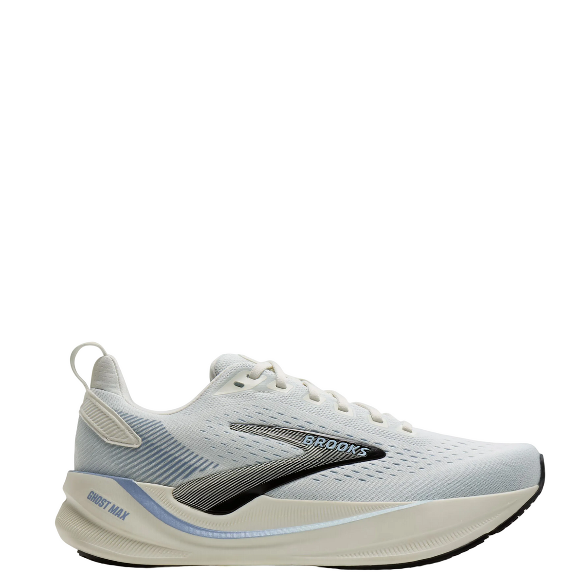 Brooks Ghost Max running shoe in light gray and off-white with a black and gray side logo, shown from a side profile on a white background.