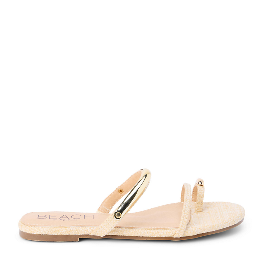 Beige sandal with a gold buckle on a white background