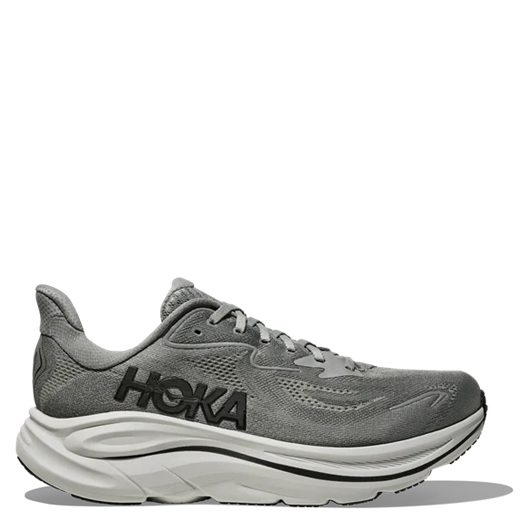 Gray running shoe with 'Hoka' branding on a white background