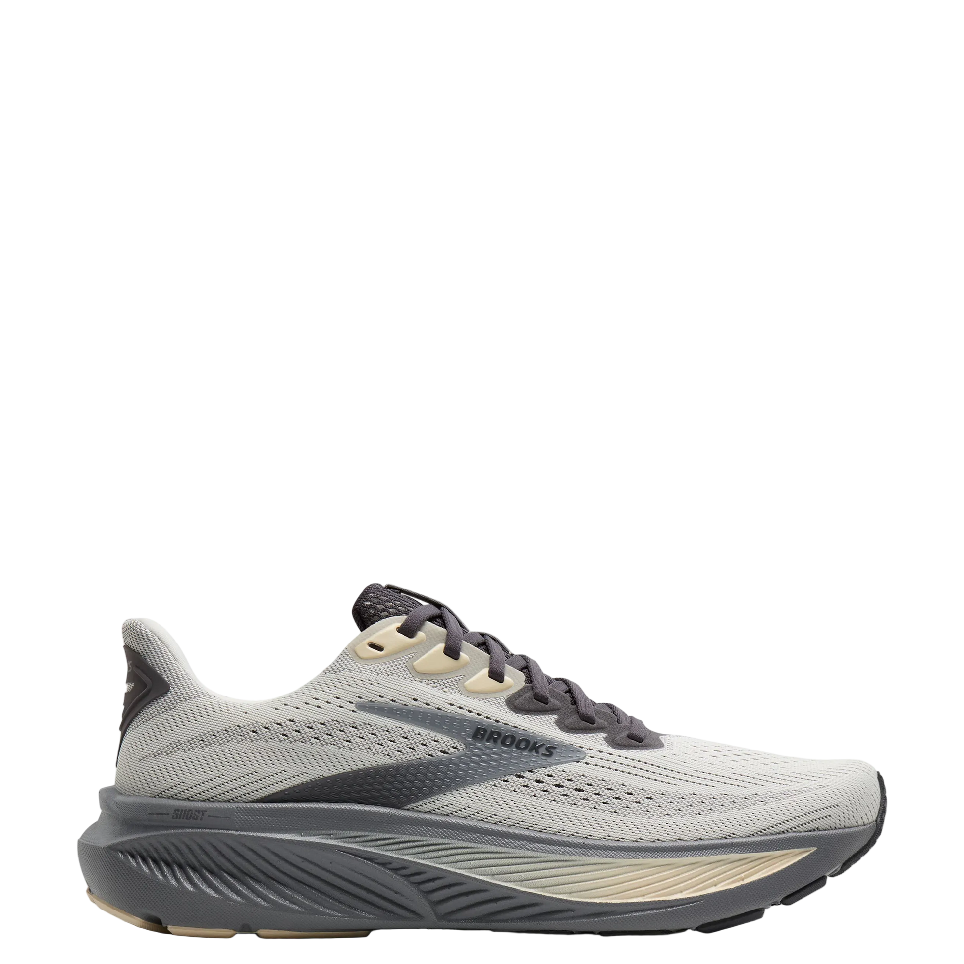 Gray running shoe with black and beige accents on a white background