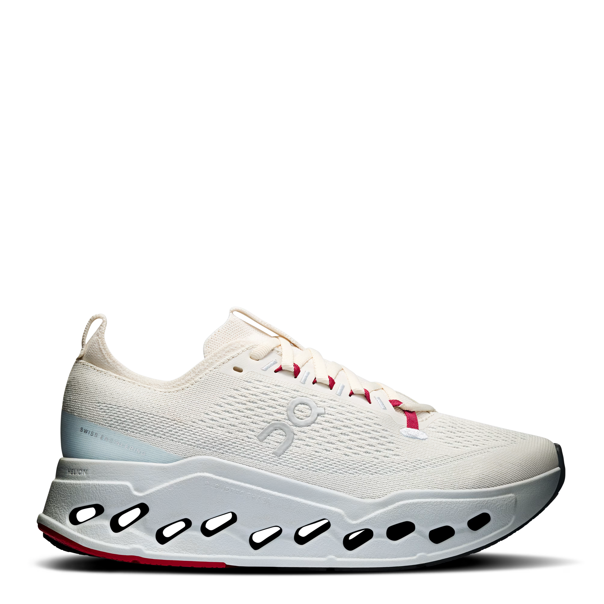 White running shoe with red accents on a white background