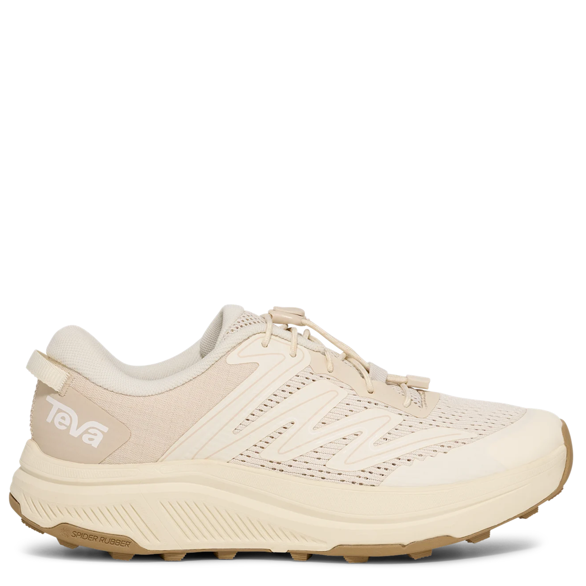Beige running shoe with Teva logo on a white background