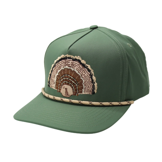 An olive green flat-brim cap featuring an embroidered turkey on the front panel and a braided beige rope detail around the base of the crown, shown against a plain white 