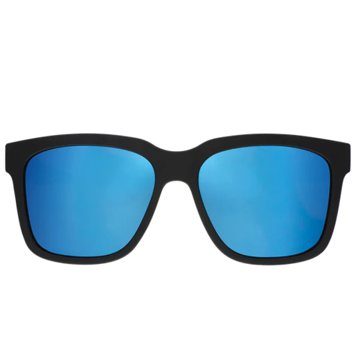 Sunglasses with black frame and blue lenses on a white background