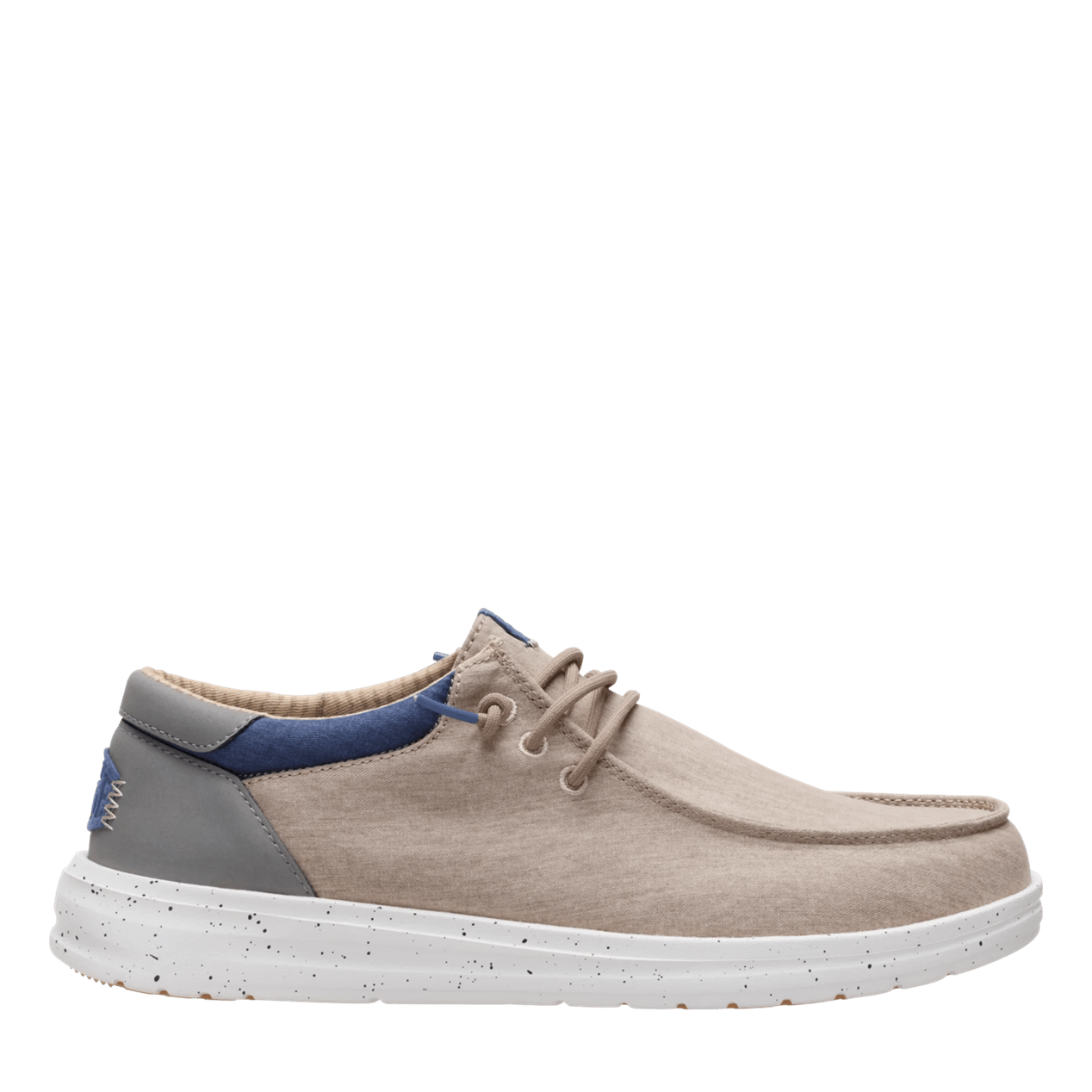 Beige casual shoe with blue accents on a white background