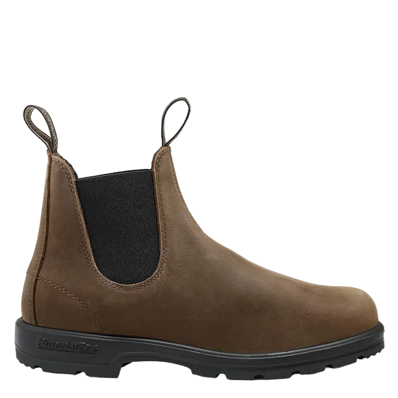 A single brown suede Chelsea-style boot with black elastic side panels and a black sole, shown in profile against a plain off-white background. The brand name 'Blenker' is embossed on the heel of the sole.